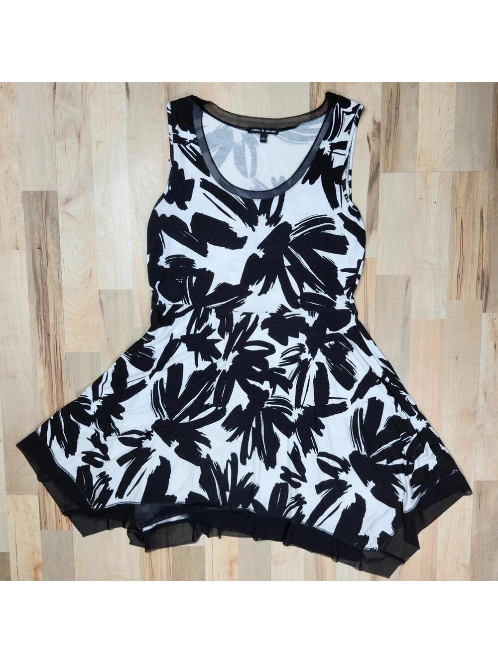 Cable & Gauge Women's Black White Floral Sleeveless Dress Handkerchief Hem Large